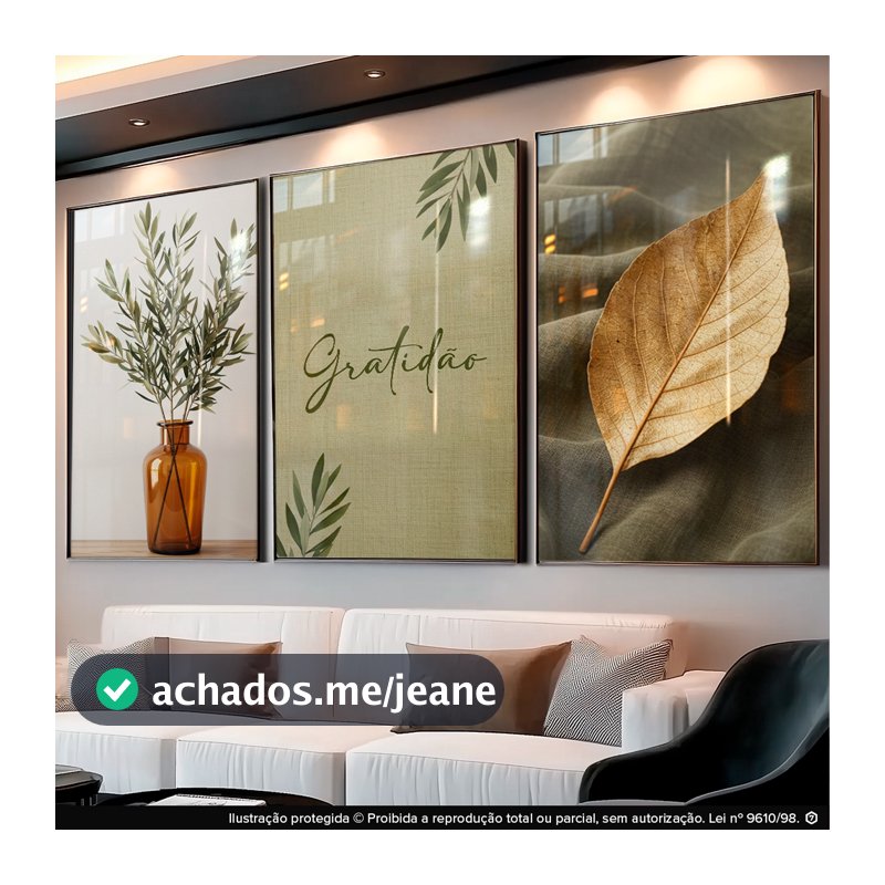 Kit 3 Peças Painel de Quadros Decorativos Gratidão Para Sala Vaso Folha Verde