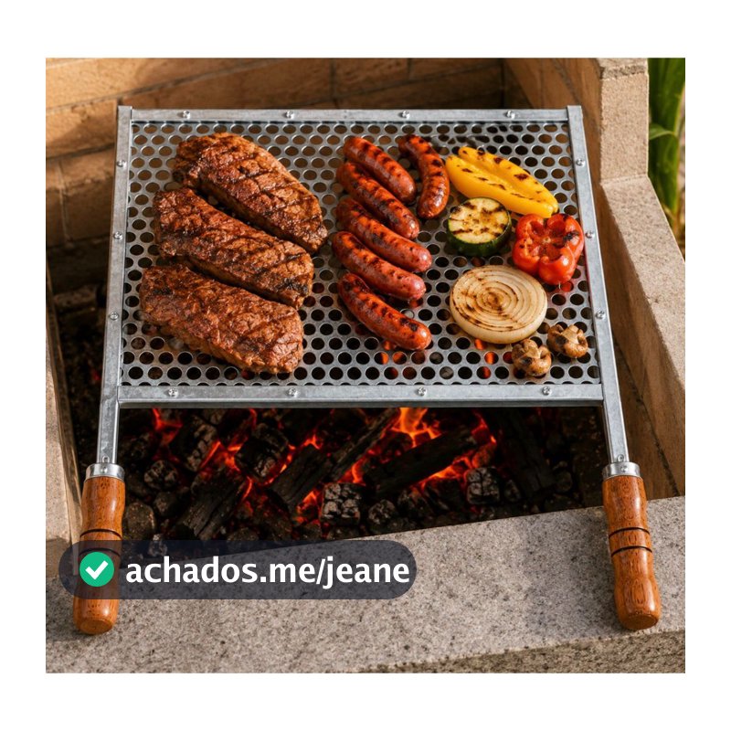 Grelha para Churrasco em Aço Galvanizado Perfurada com Cabo de Madeira | Nao é estampada | diversos tamanhos
