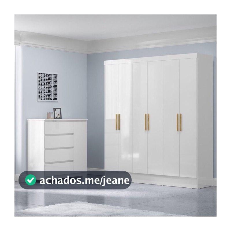 Conjunto Guarda-Roupa 6 Portas Gliese com Cômoda 1 Porta 4 Gavetas Vega Branco