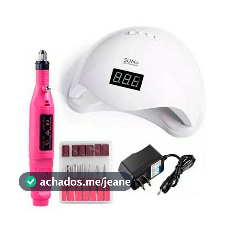 Kit Unha Gel Cabine Estufa 48W Sun 5 UV LED + Lixadeira Elétrica Motor unha Postiça Gel Acrigel