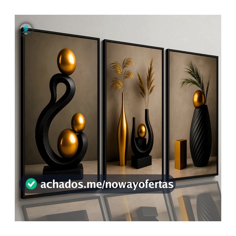 Quadros Decorativos Trio Abstrato Geométrico Moderno Escultura Dourada Luxo 80x60 Sala