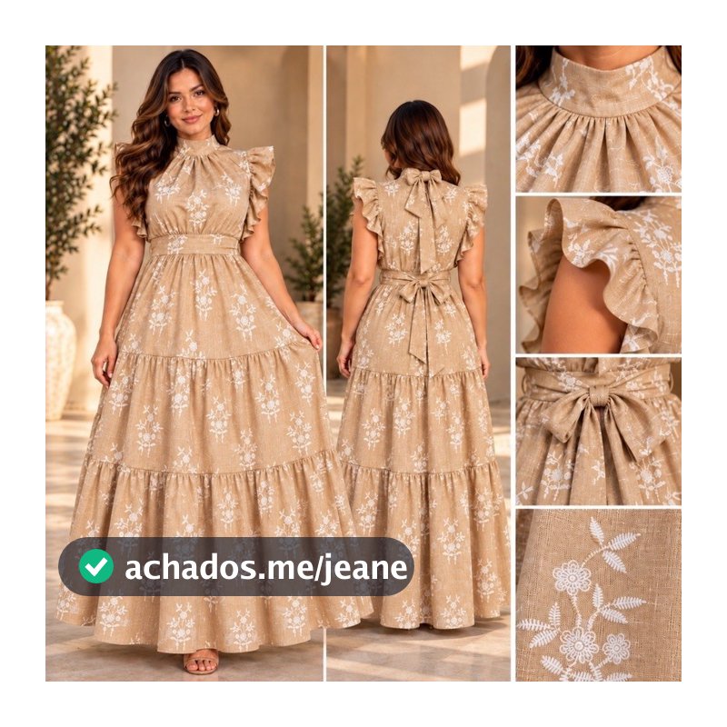 Vestido Feminino Longo Manga De Babado com Saia Três Marias Jasmyn Luxo Premium Evangelico Elegante