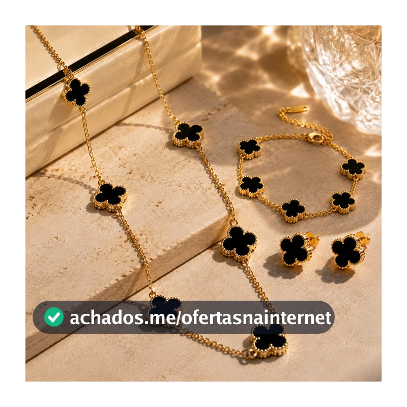 Conjunto de Joias Femininas Trevo Preto Colar Pulseira Anel Dourado Elegante Moda