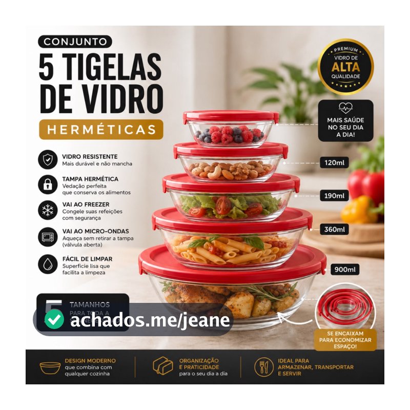 Conjunto Tigela Vidro Bowl Marmita Herméticos Tampa 5 Peças Cozinha Refeições