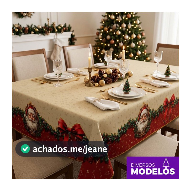 Toalha de Mesa Natal 6 Lugares Retangular Mesa Posta Natalina Em Tecido Oxford 1,40x2,10m