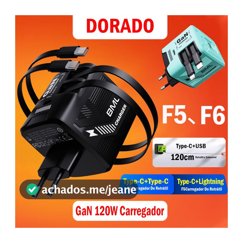 Carregador De Parede Retrátil De GaN 120W Com USB Tipo C Adaptador De Carregamento Rápido PLUG,Cabo De Retrátil 110CM