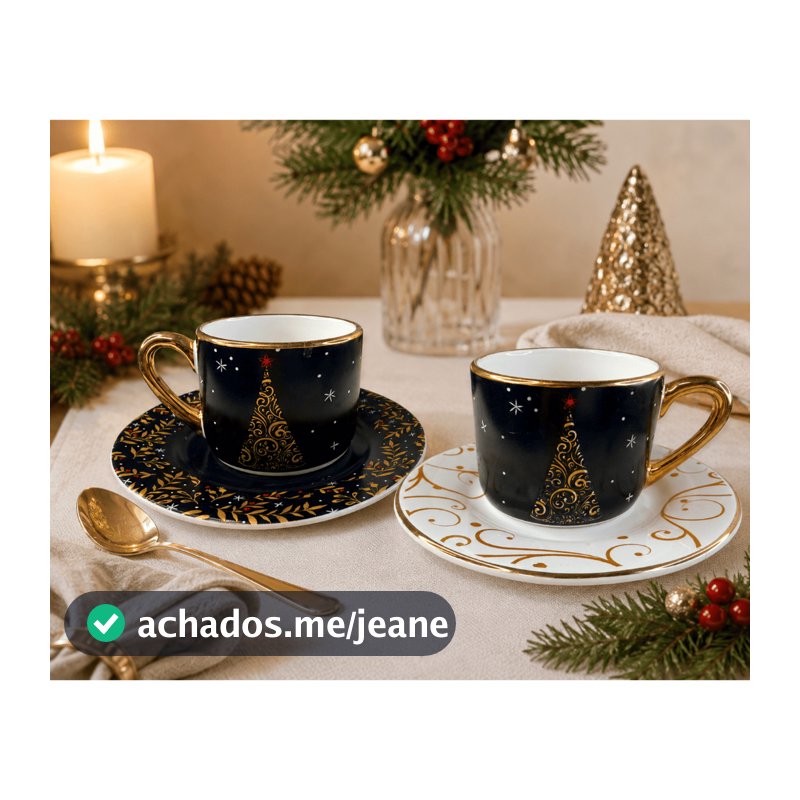 Kit Jogo Xícara e Pires Estampa Natal Decoração Natalina Presente Criativo Ideal Para Mesa Posta Elegante