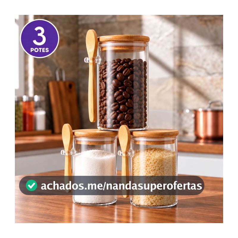 Pote/Colher de Vidro com Tampa de Bambu Hermético Colher 900ml Porta Mantimentos Temperos Saleiro