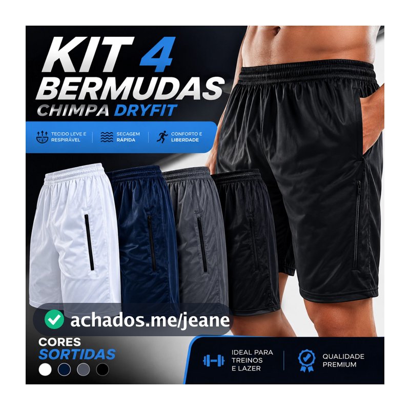 Kit 4 Shorts Bermuda Dry Fit Esportiva Treino Com Ziper no Bolso - Simbolo Refletivo em Alta 2025