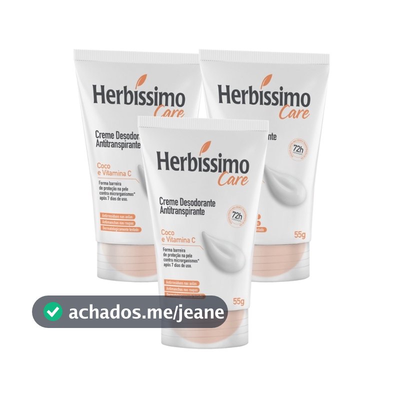 Kit Creme Desodorante Antitranspirante Herbíssimo Bisnaga Care Coco E Vitamina C 55g (3 unidades)