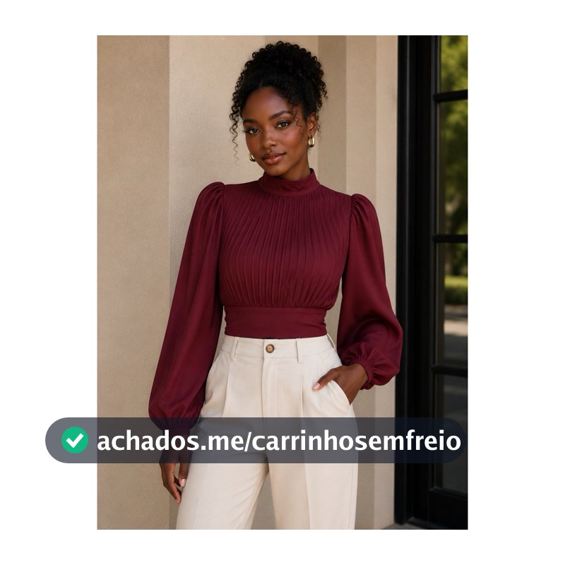Blusa Gola Alta Feminina Plissada Manga Longa Elegante Moda Casual Tendência Plissada
