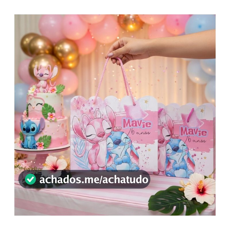 Sacolinhas Personalizadas Festa Infantil Tema Stitch e Angel Formato Ondulada