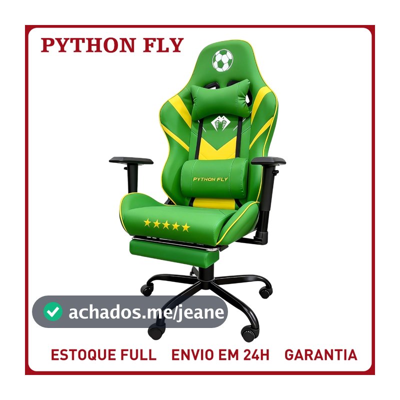 Cadeira Gamer Futebol Brasil Ergonômica 200kg Reclinável Apoio Pés Giratória Couro PU Computador PC
