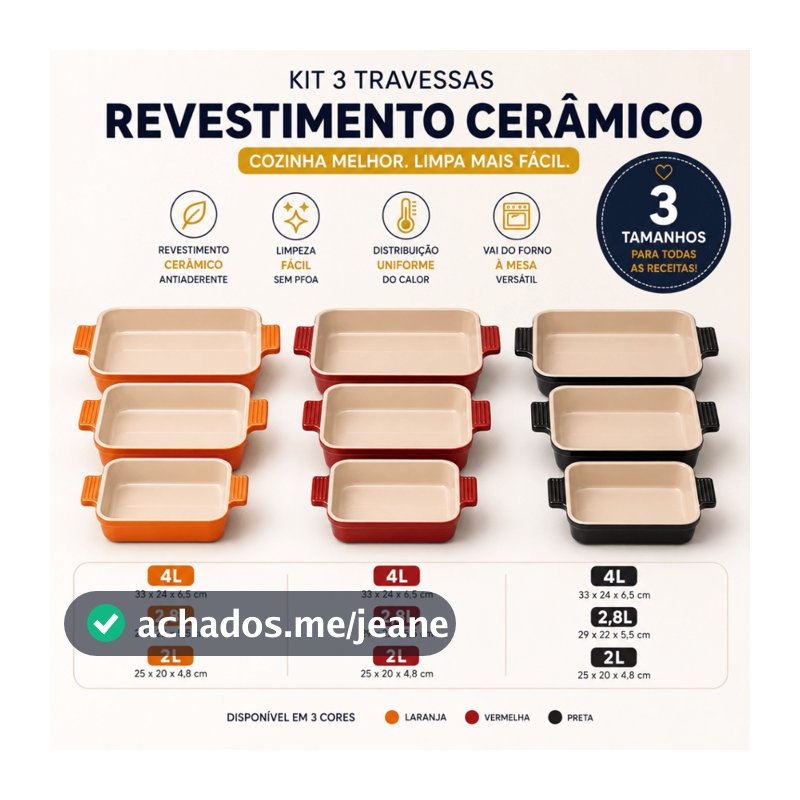 Jogo de Assadeiras 3 Tamanhos 2L 2,8L e 4L Formas Retangulares Cerâmicas Antiaderente Envio Rápido!!