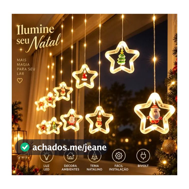 Cascata Led Pisca Pisca Cortina Luz Amarela Decoração Natal Estrela Papai Noel Neve