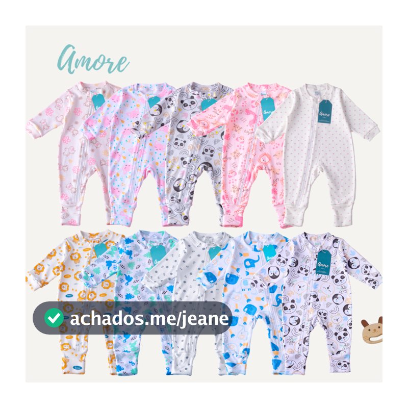 KIT 4 Macacões Bebê Amore Vira Pé com Ziper Sortidos Estampados 100% Algodão