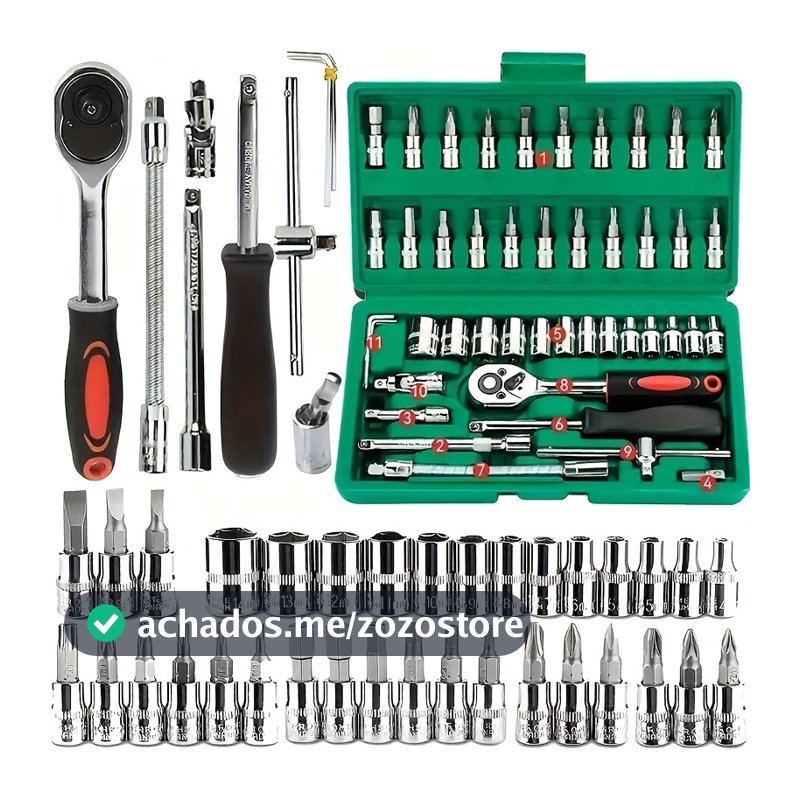 46 Peças Verde Kit Chaves Jogo Catraca Reversível Soquetes Maleta Promoção