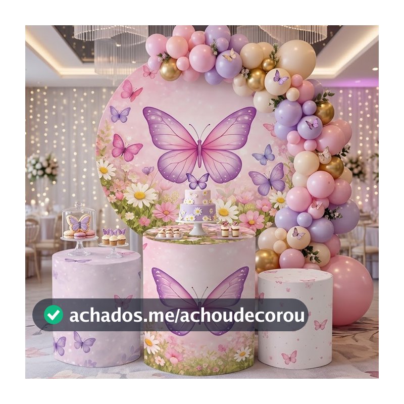 Capa Painel Redondo 1.50m + Trio Cilindro Decoração Infantil Jardim Encantada Borboletas Novidade Bibi