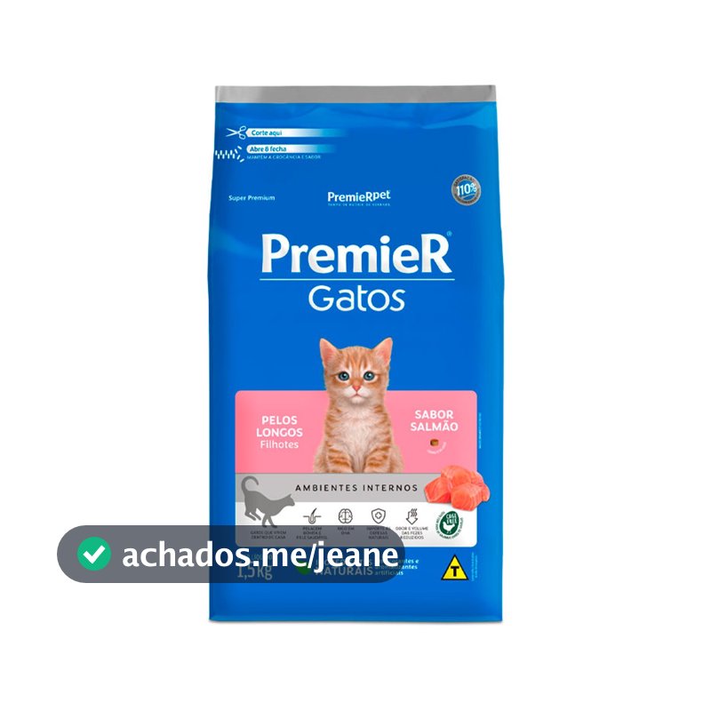 Ração Premier Gato Ambiente Interno Filhote Pelo Longo Salmão 1,5kg