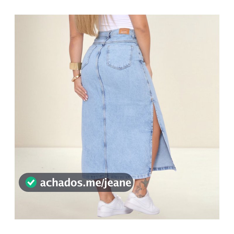 Saia Jeans Feminina Mídi Longa Cintura Alta Marmorizada com Fenda Tecido Grosso Azul Claro Premium