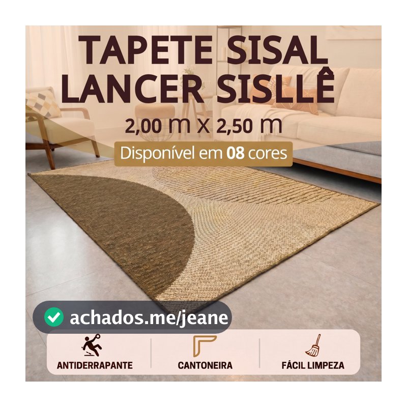 Tapete Sisal 250x200 cm Lancer Sisllê Antiderrapante Cantoneira Aço Cromado Sala Quarto Escritório