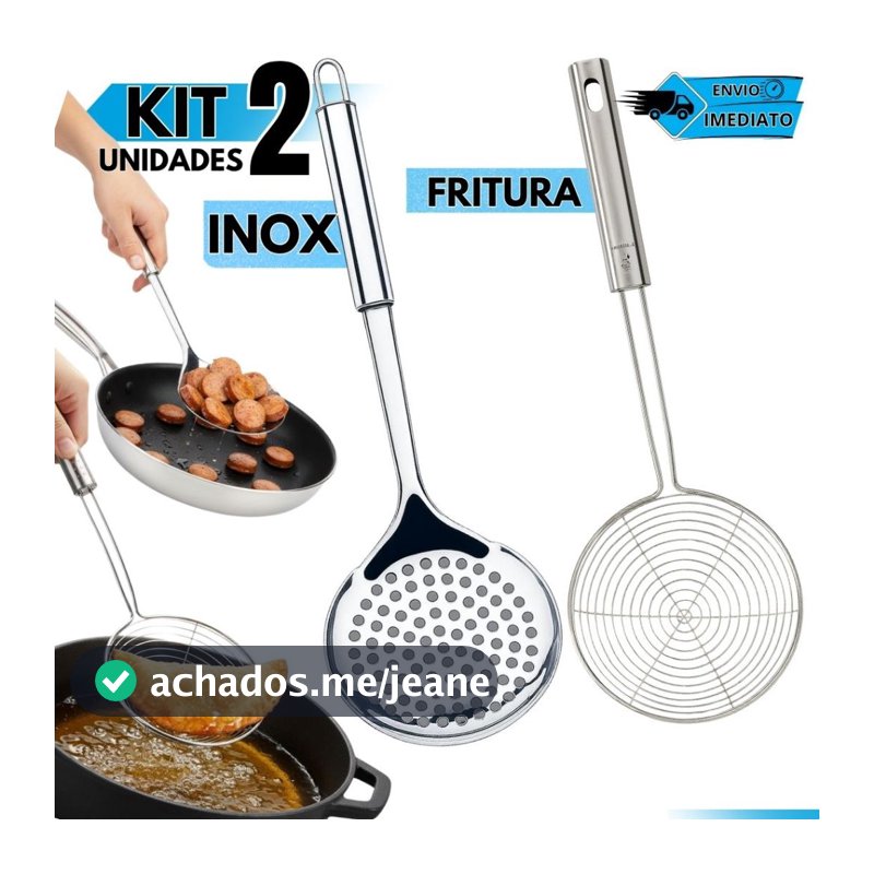 Kit 2 Escumadeiras Inox Cozinha + Fritura Aço Inoxidável Aramada Resistente