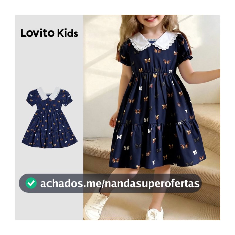 Lovito Kids Babado Vestido Fofo de Renda Azul Marinho para Primavera/verão para Meninas Bordado L168LD185