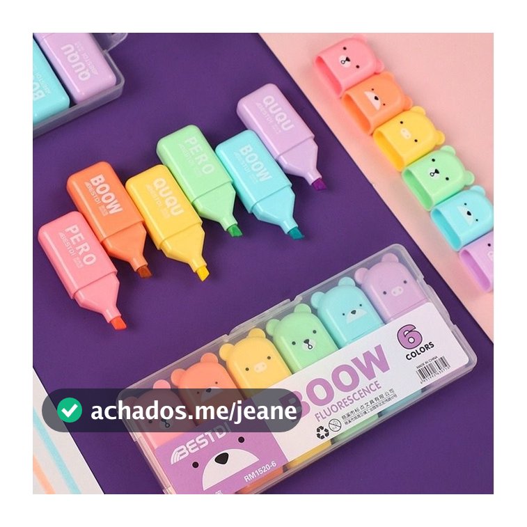 KIT COM 6 Mini Marca Texto Urso Ursinho (RM1520-6) Estojo Com TEXTO BOOW Roxo
