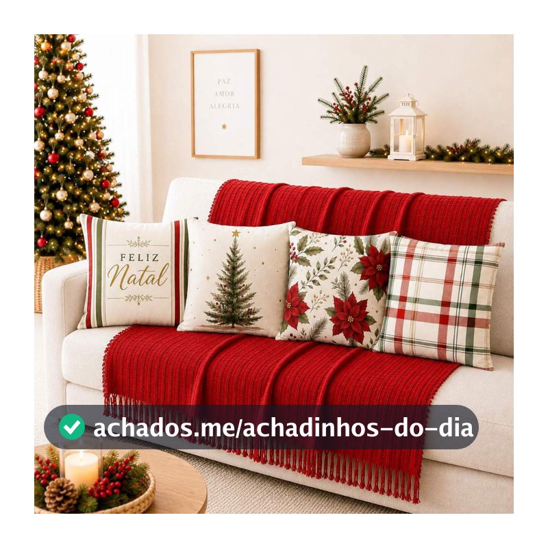Kit Manta Decorativa 1,40 x1,70 + 4 Capas de Almofada Natal 43x43 para Sala e Sofá Decoração Natalina