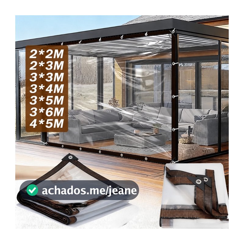 Lona transparente de PVC reforçada, impermeável e multifuncional, para varandas, garagens, janelas e portas.