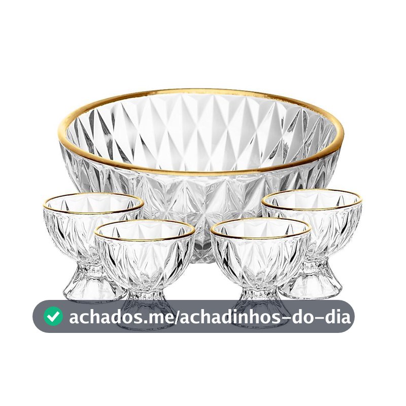 Conjunto 1 Bowl 1L e 4 Taças 120ml Diamond Lyor Cristal com Fio de Ouro para Sobremesas Doces Frutas Mousse Pavê 5 Peças