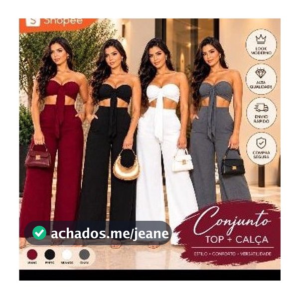 CONJUNTO TOP E PANTALONA FEMININO TECIDO DUNA COM LAÇO , BOJO ,CALÇA VARIANTE ,ELASTICO NAS COSTAS