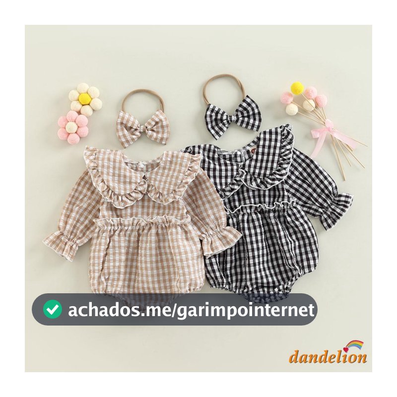 Dandelion-0-18 Meses Baby Girl Fall Outfit , Colarinho De Boneca Xadrez Manga Longa Romper Macacão + Faixa De Cabelo,Conjunto de Outono para  bebês Menina