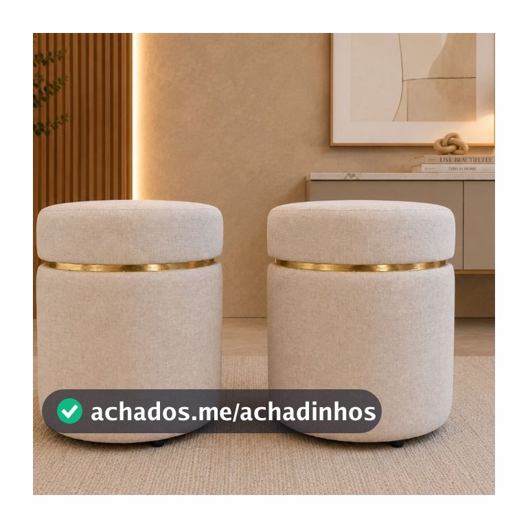 kit Puff Com Cinta  Superior Dourada Tecido De Linho