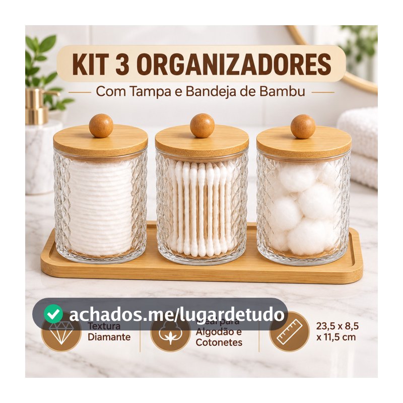 Kit Organizador Acrílico Multiuso 3 Potes Tampa e Bandeja De Bambu Lavabo Banheiro Algodão Cotonete Maquiagem Cosméticos