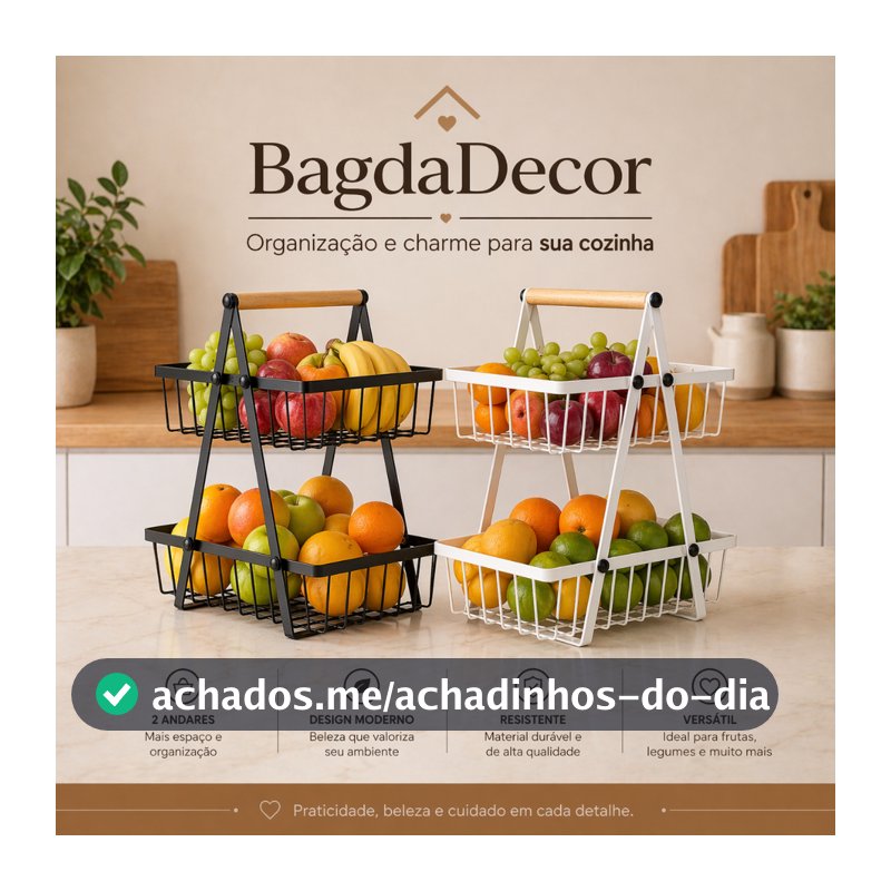 Fruteira Aramada de Ferro com Bambu 2 Andares | Multiuso Elegante para Cozinha e Bancada Premium!