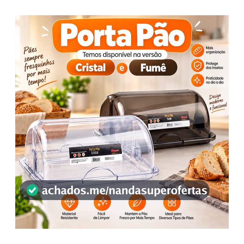 Porta Pão Transparente Cristal Ou Fumê Tampa Basculante Organizador De Cozinha Conserva o Pão Doces