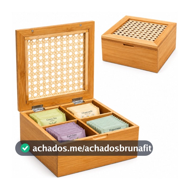 Organizador Multiuso  Porta Chá Açúcar Sachê Caixa em Bambu 4 Divisórias