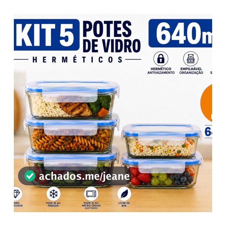 Kit Potes Vidro Herméticos 640ml 4 Travas Marmita Fitness 2/3/5 Un