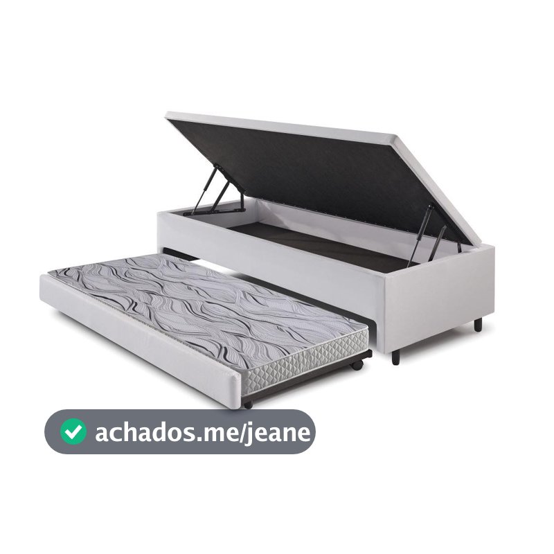 Bicama Box com Baú Solteiro Courino Linho Branco 88x188 com Colchão Auxiliar Ecoflex