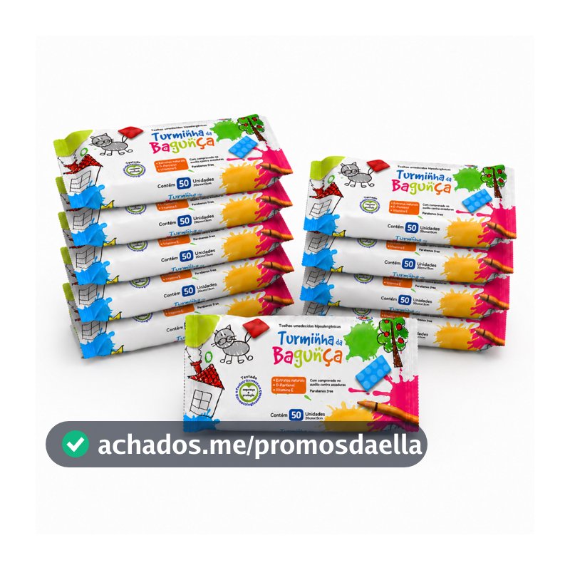 Kit 10 Pacotes Toalhas Umedecidas Turminha da Bagunça 50 Folhas 98% Água Vegano Hipoalergênico Lenço umedecido bebê