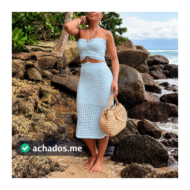 Conjunto Feminino Trico Modal Amarracao Detalhe Vazado Furos Moda Verao