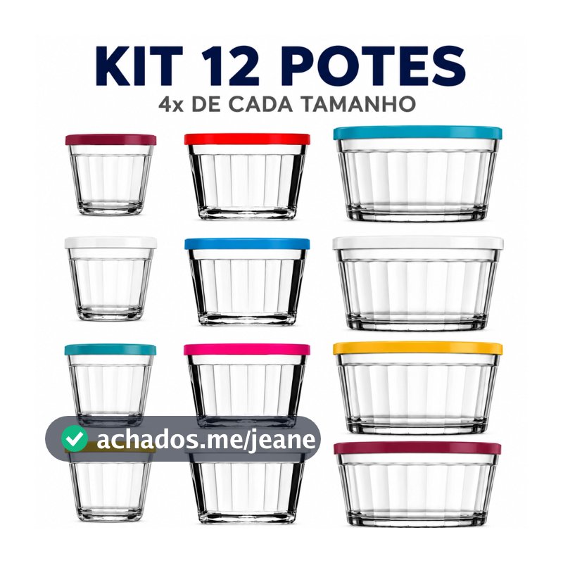 Kit 12 Potes De Vidro Americano Com Tampa - 4x150ml, 4x350ml e 4x600ml - Nadir Figueiredo