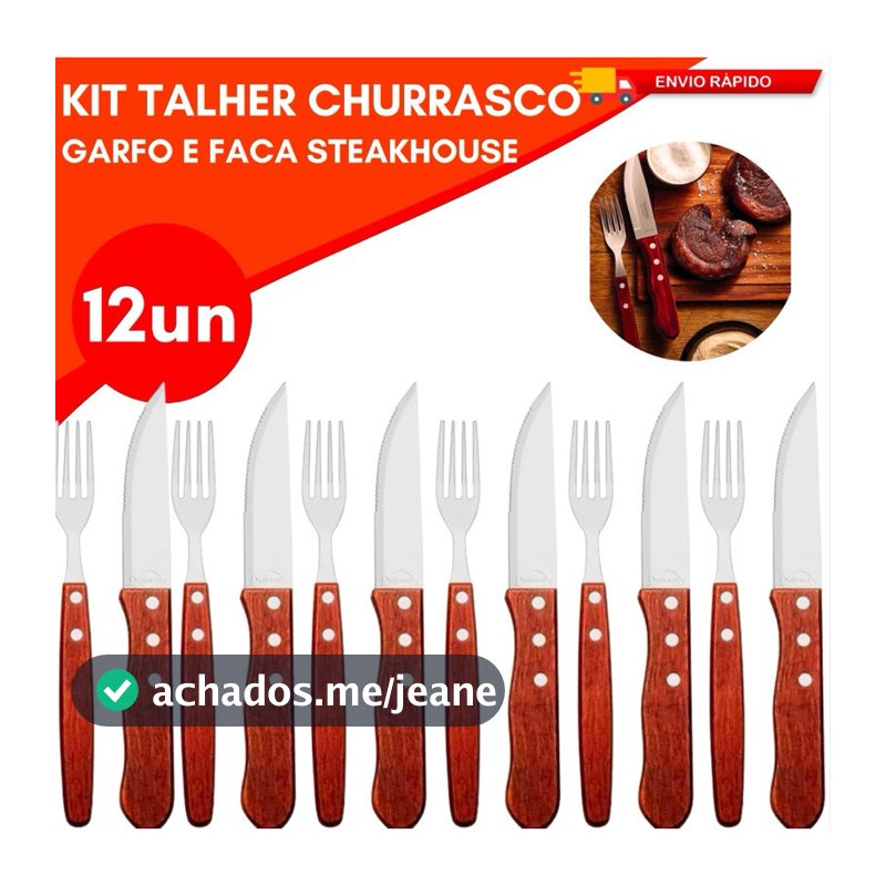 Jogo de Talher Churrasco 12 10 ou 6 Unidades Churascaria Steakhouse Cabo Madeira Lamina Aço Inox Premium
