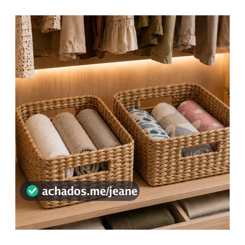 Cesto Caixa Organizador Natural Retangular de Palha para Roupas e Utilidades