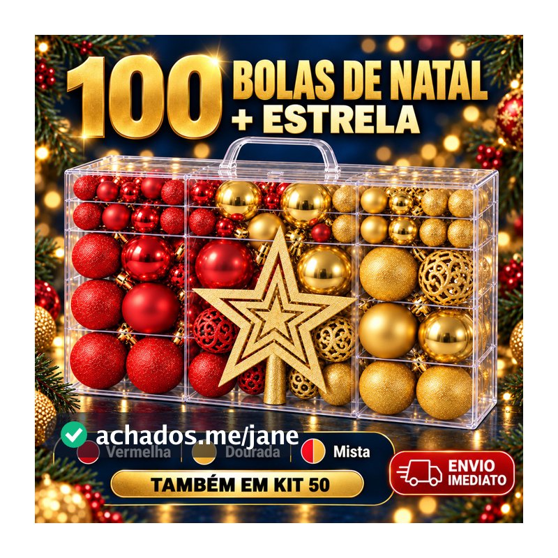Kit 100 Bolas de Natal E Estrela Ponteira Decoração Enfeite Árvore Fosca Glitter Vermelha Dourada