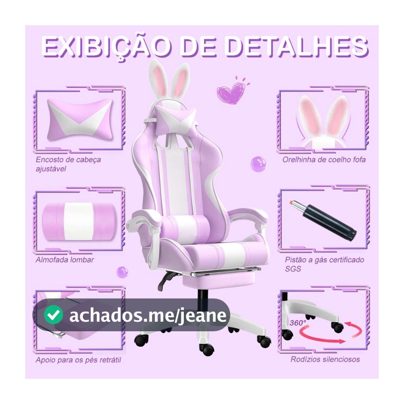Cadeira Gamer Roxa com Almofadas Cervical/Lombar - Conforto Ergonômico, Reclinável 120°, Braço 1D, Suporta 150kg, Tecido