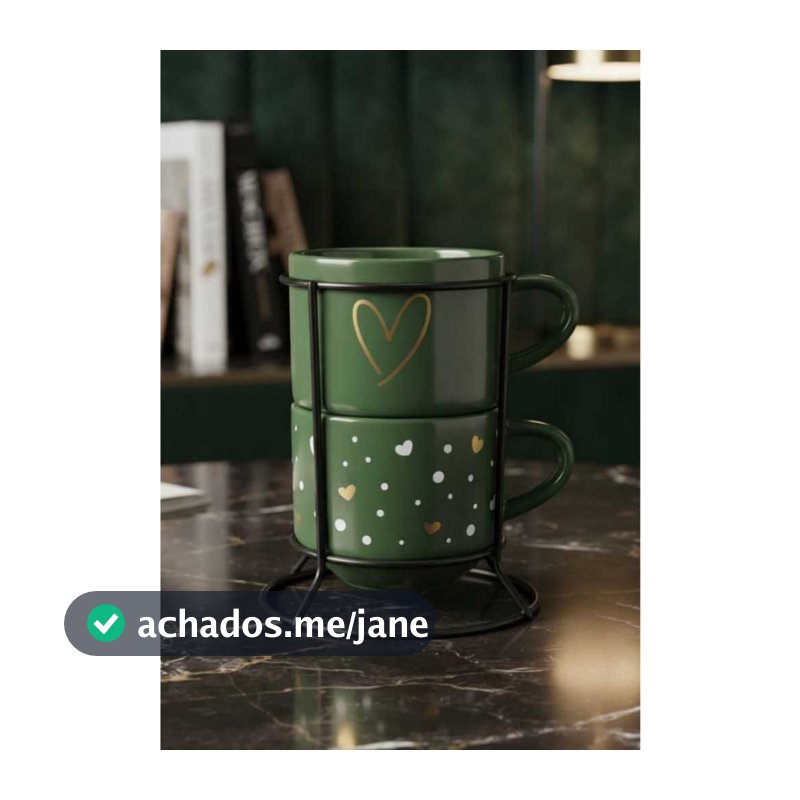 Kit 2 Xícaras café chá Empilhável 210ml em Porcelana Verde Decoração Coração Dourado + Suporte metálico