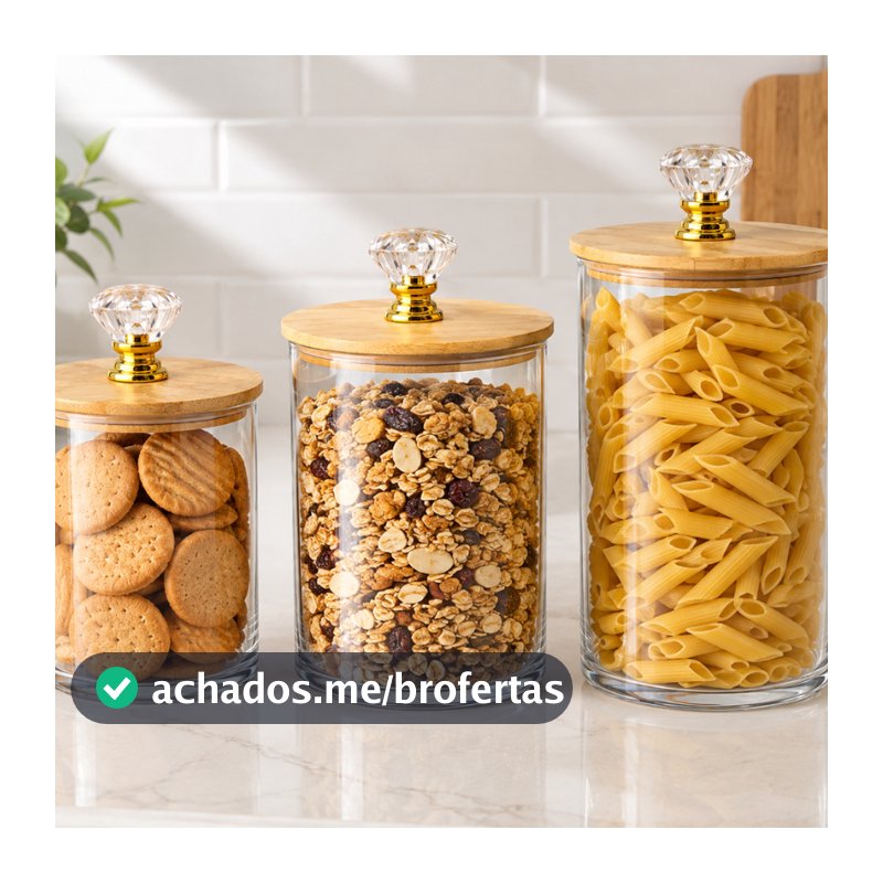 Kit 3 Potes Herméticos Acrílico Premium Redondos Lisos Tampa Bambu e Cristal