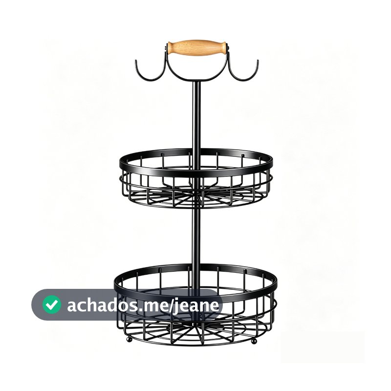 Fruteira Aramada Para Mesa Resistente 2 Andares Cesto Organizador de Frutas Legumes Metal Preta